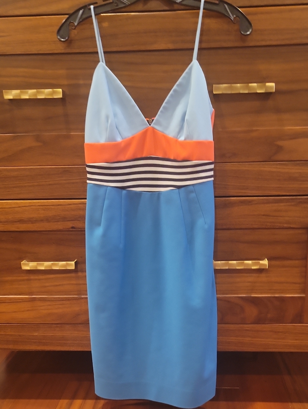 L'AGENCE Blue, Light Blue & Coral Colorblock Midi Dress
